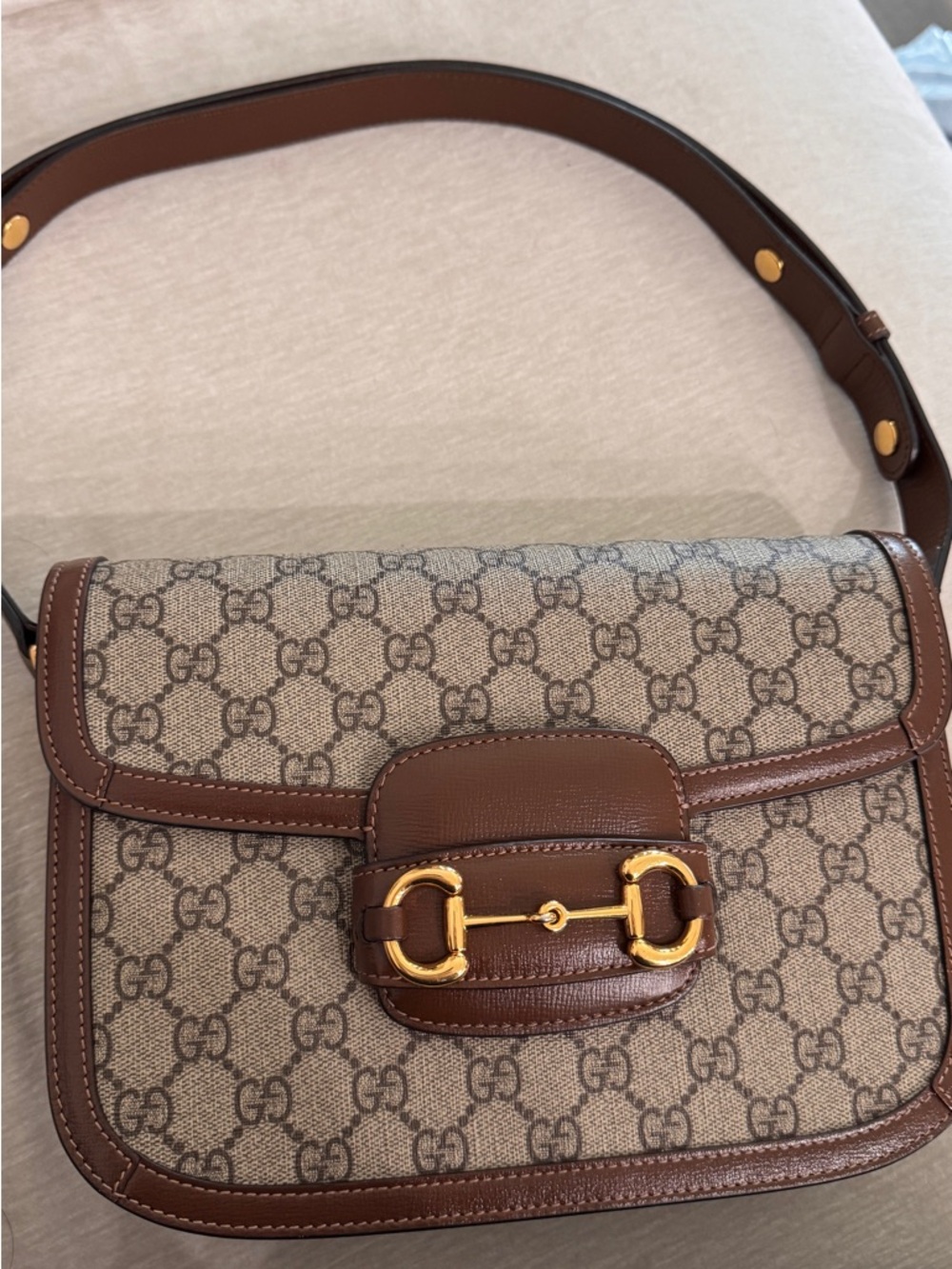 Gucci Horsebit GG Canvas Shoulder Bag with Brown Leather & Gold Hardware